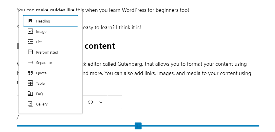 Screenshot of WordPress Gutenberg editor interface.