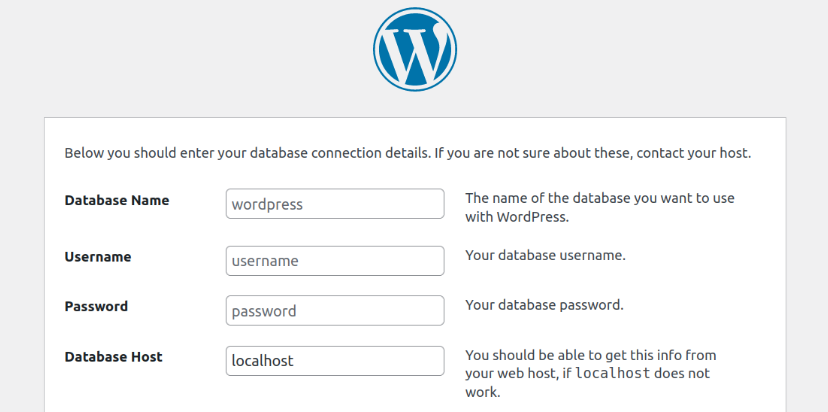 WordPress setup screen for database connection details.