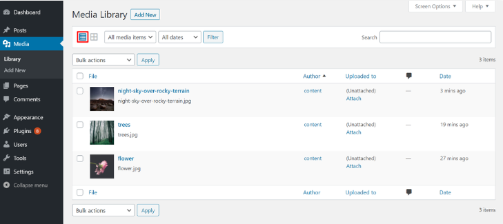 Screenshot of a WordPress media library interface.