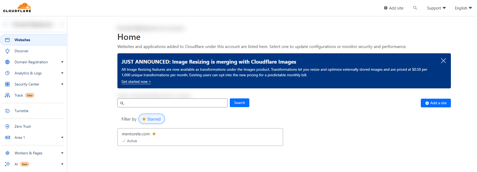 Cloudflare dashboard with image resizing update notice.