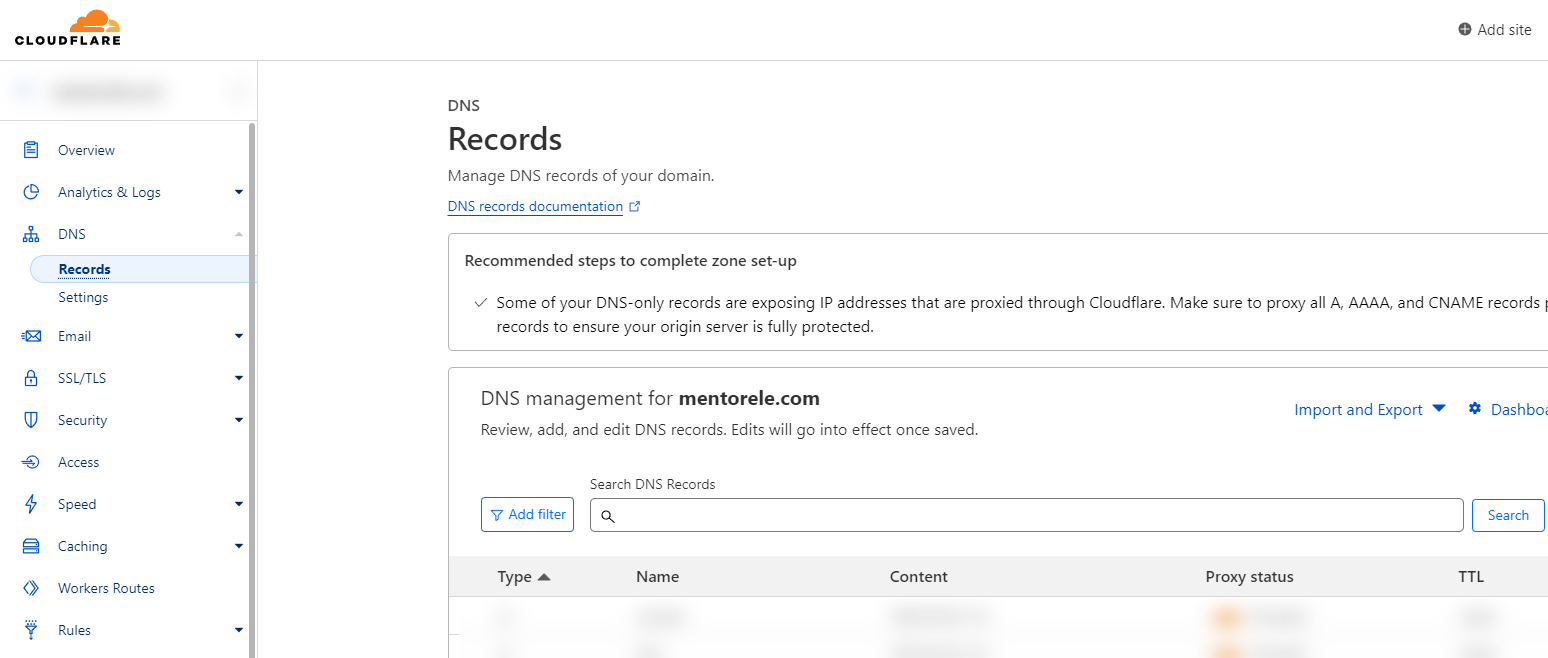 Cloudflare DNS management interface screenshot.