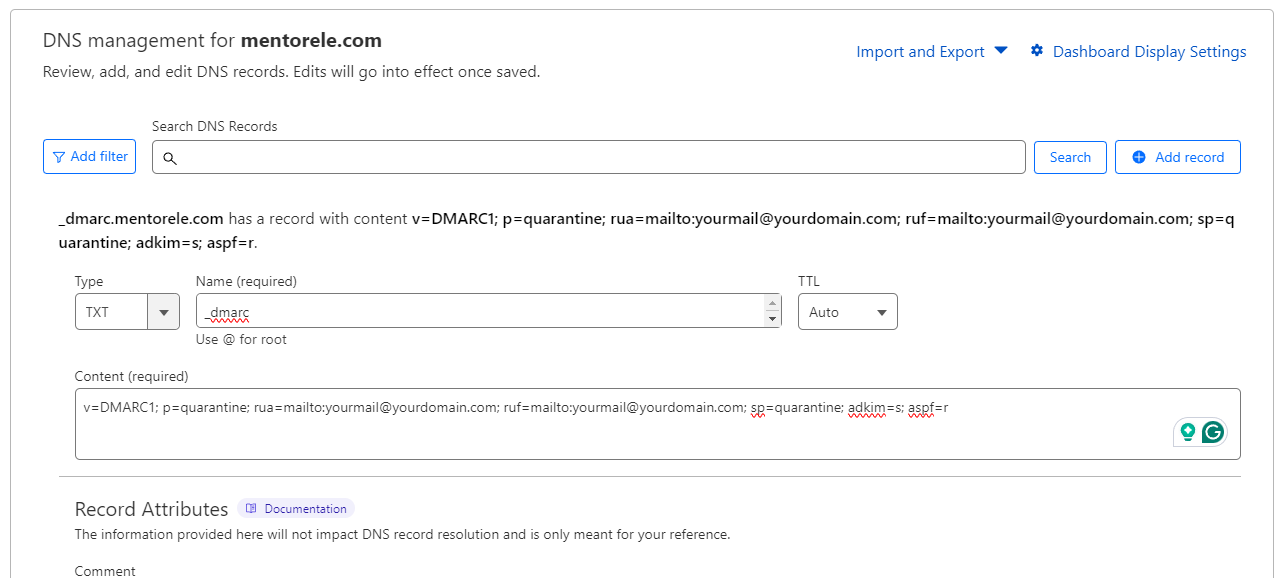 DNS management interface displaying DMARC record configuration.