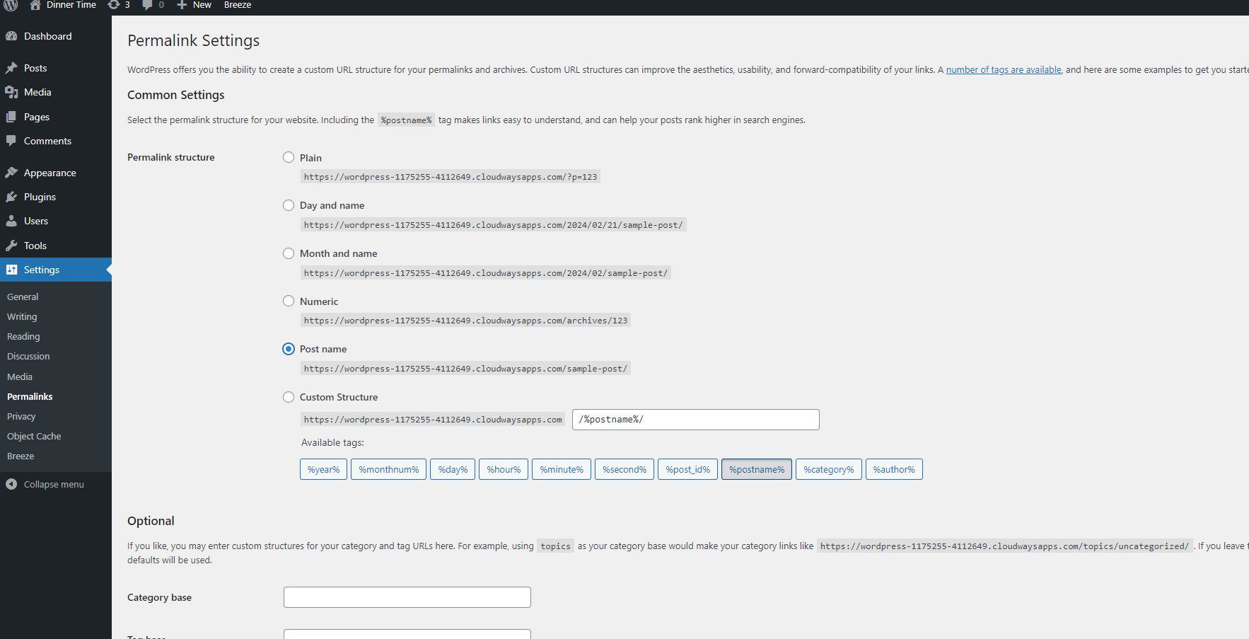 WordPress permalink settings configuration screen
