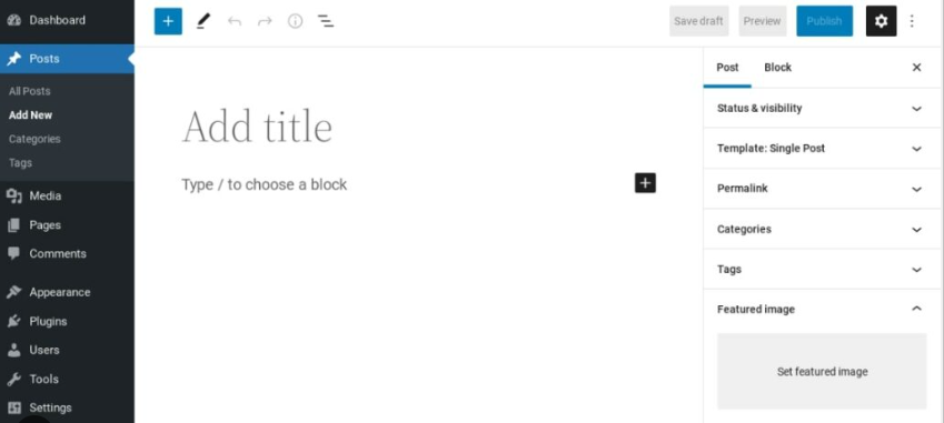 WordPress post editor screen with 'Add title' prompt.