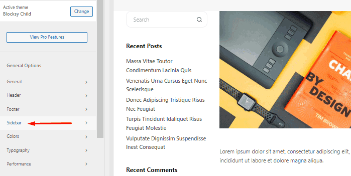 WordPress theme customization interface with sidebar settings highlighted.