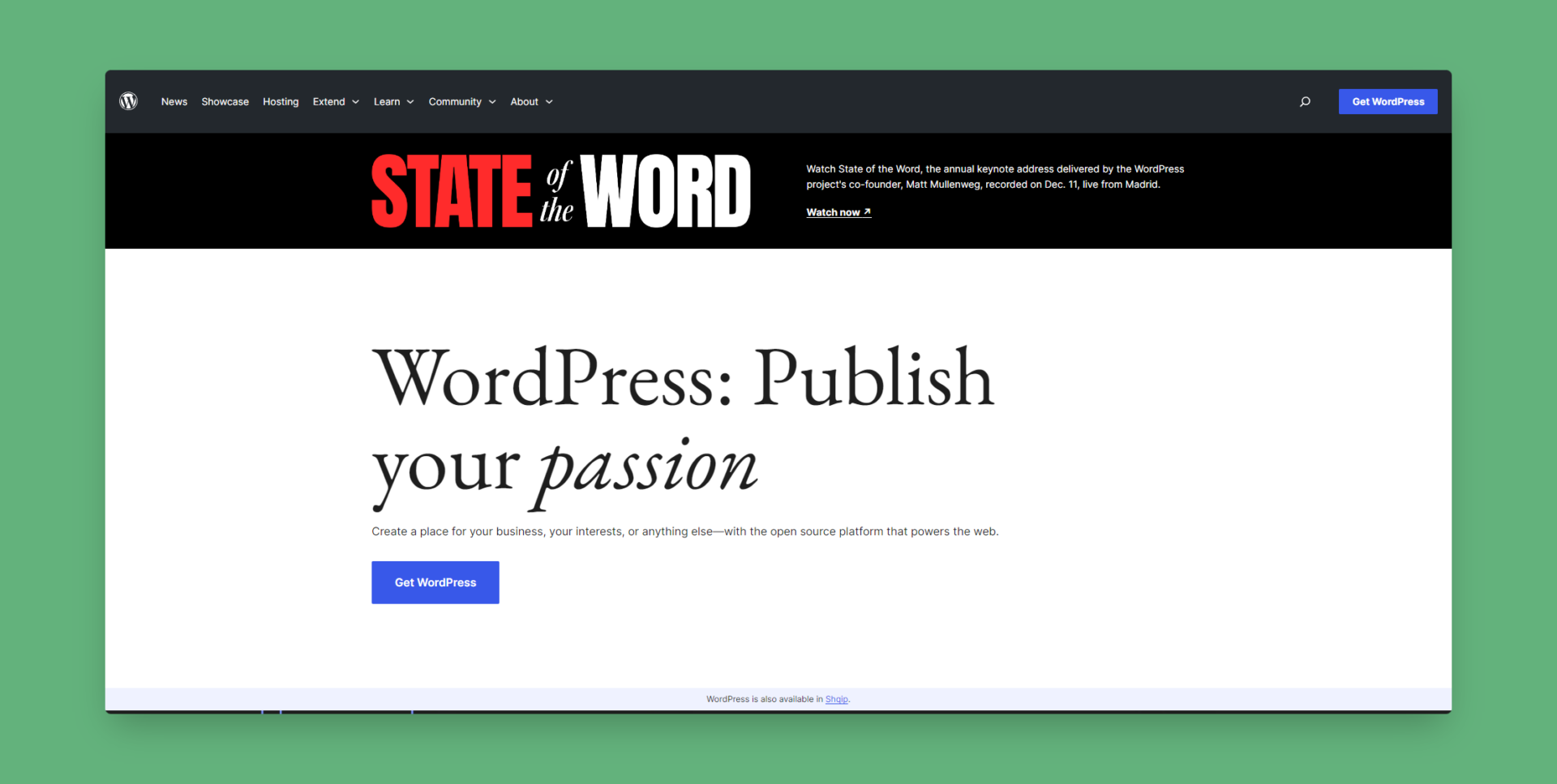 WordPress homepage promoting content publishing platform.