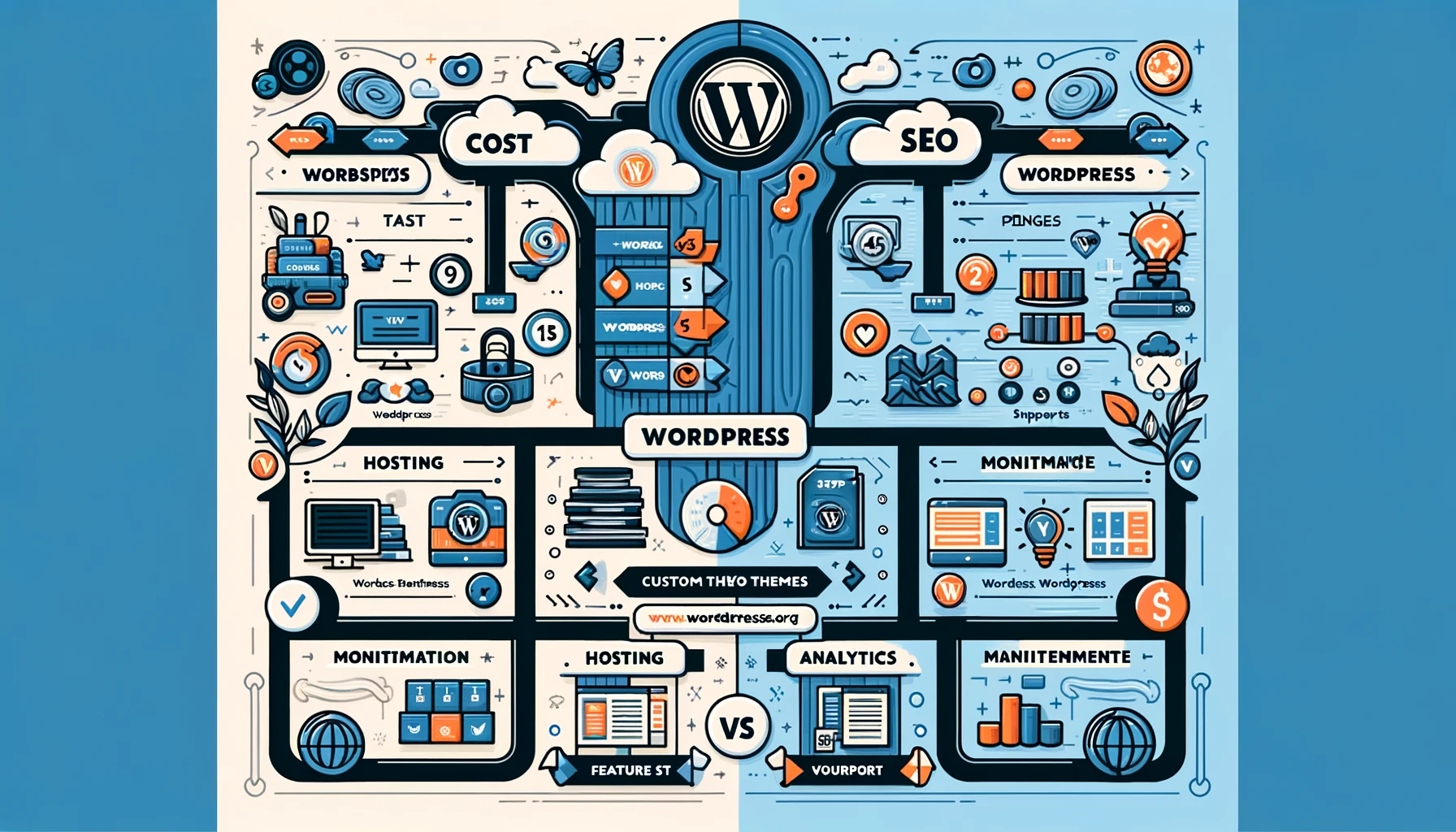 Illustrated WordPress infographic covering cost, SEO, hosting, and themes.